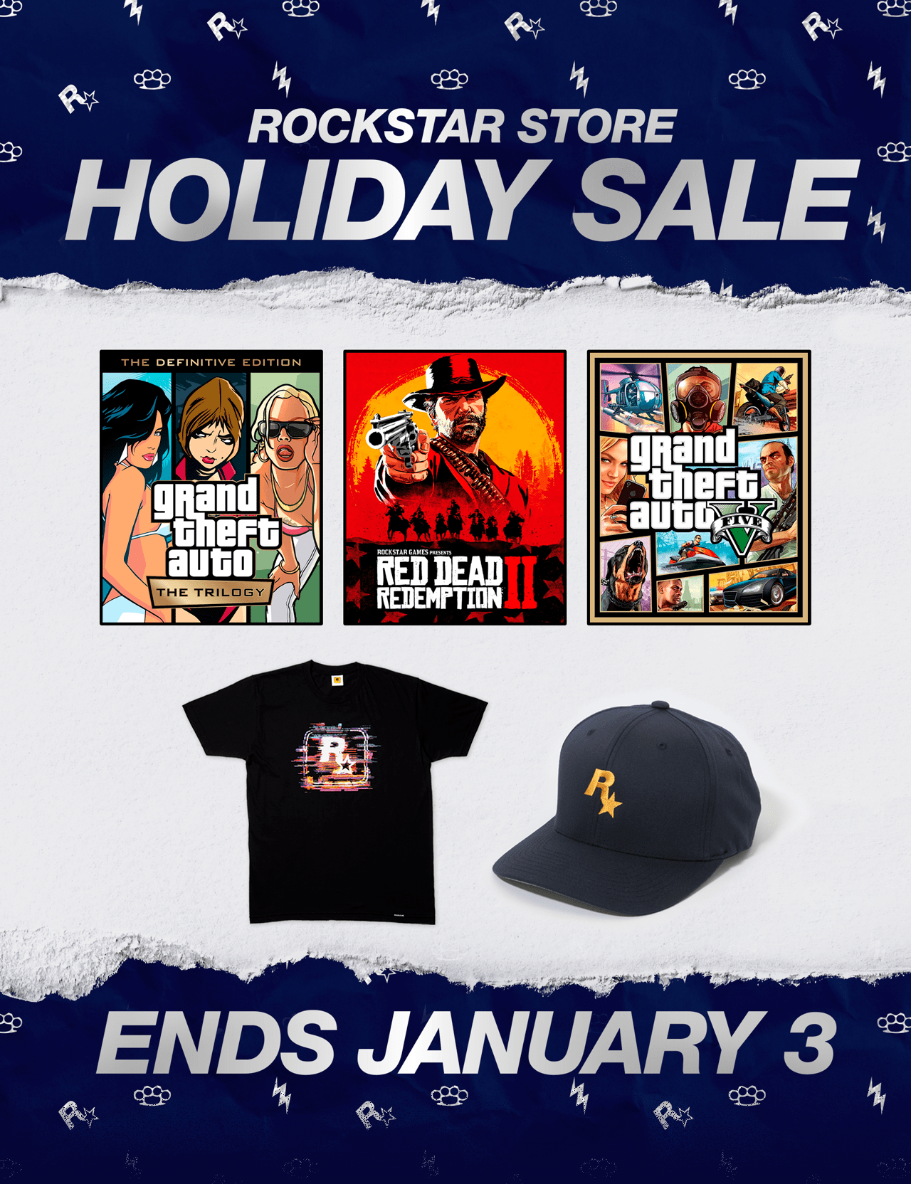 The Rockstar Holiday Sale Flyer, featuring GTA Trilogy, Red Dead Redemption 2, Grand Theft Auto V, and assorted apparel -- Ends January 3