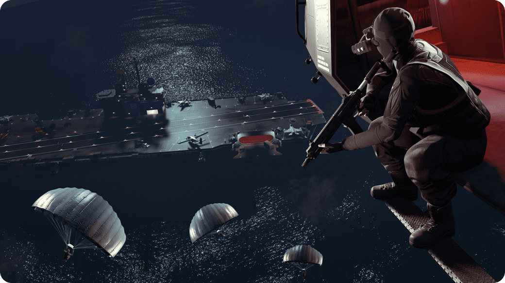 Screen of a mercenary on a helicopter approaching an aircraft carrier, paratroopers in the distance