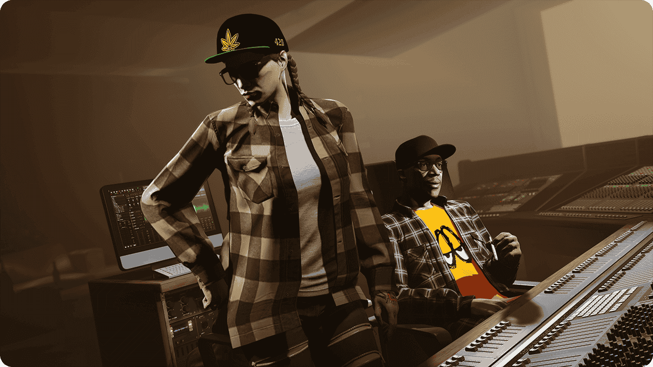Two GTA Online characters in a recording studio. One wears the Black 4/20 Cap with a yellow leaf graphic.