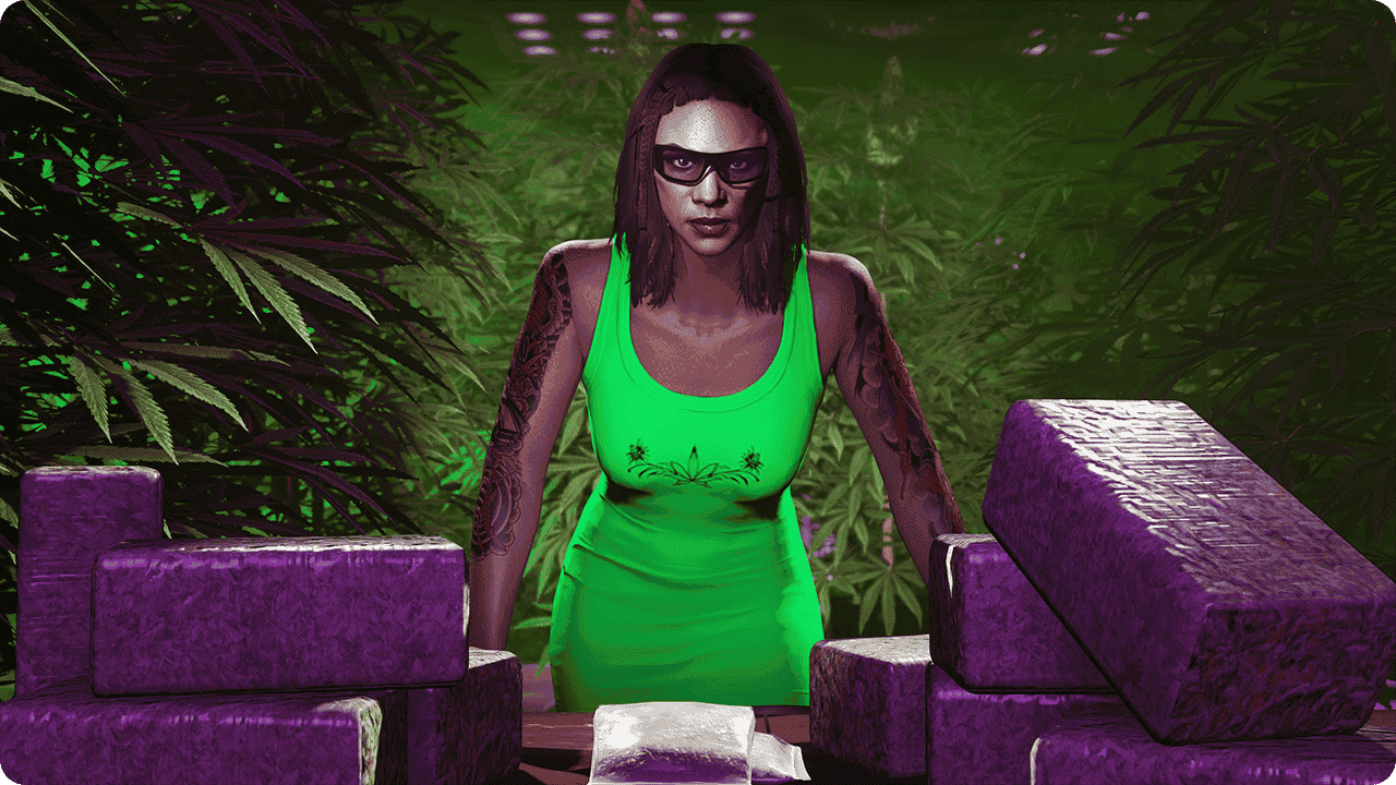 GTA Online character wearing a green dress decorated with a weed plant graphic on the chest.