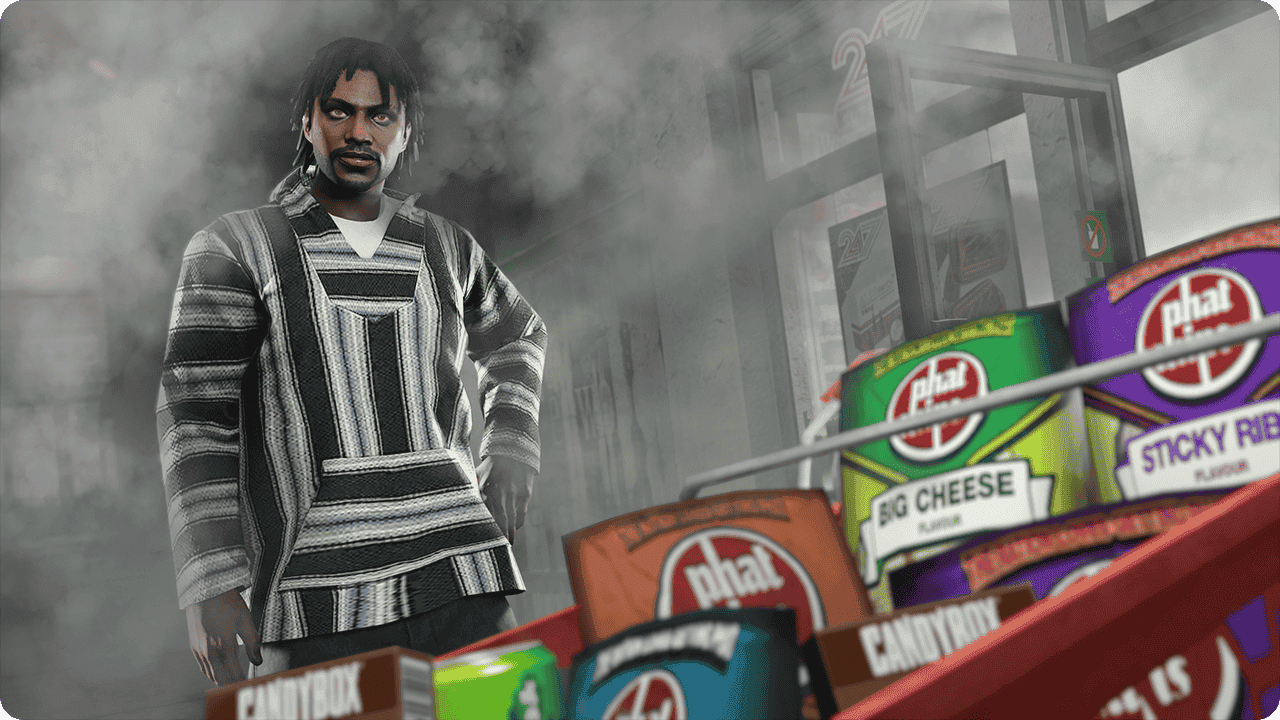 A GTA Online character surrounded by various snacks.
