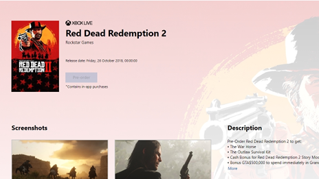 Strona przedsprzedaży Red Dead Redemption II w Microsoft Store